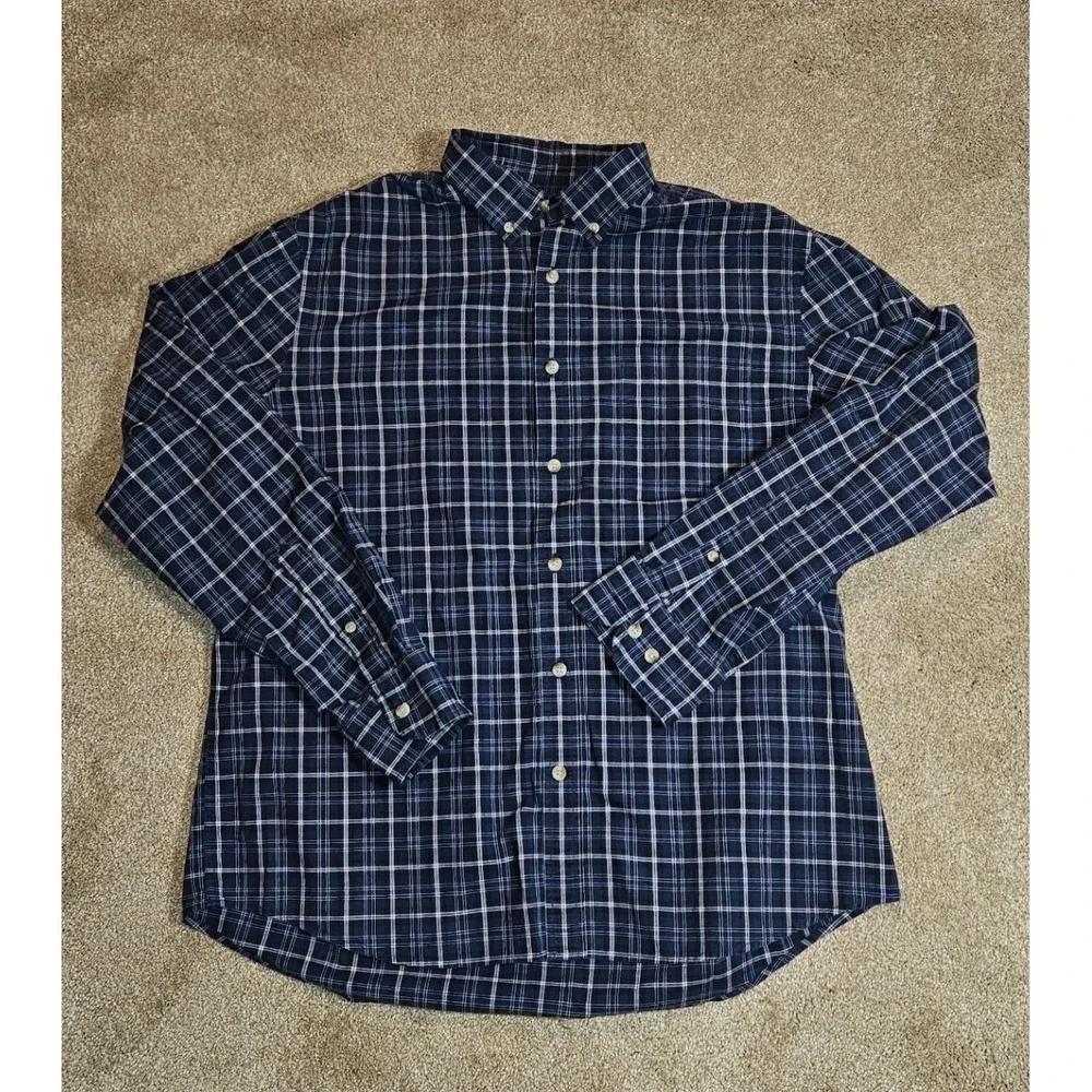Banana Republic Mens Untucked Fit Navy Blue Plaid Button Down Shirt Large Casual